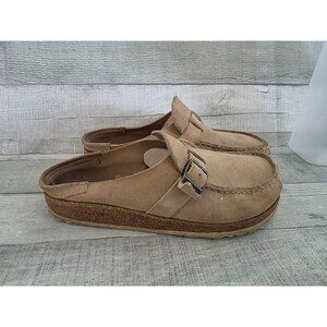 Birkenstock Buckley Size 39 Tan Suede Slip-On Clogs With Buckle & Cork Sole